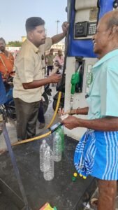 Vehicles crowded at petrol pumps; people carrying water bottles and cans – Spot Visit