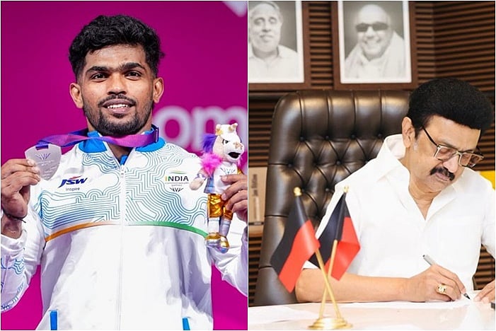 DMK leader M.K. Stalin congratulates Raja Muthupandi, who won the silver medal